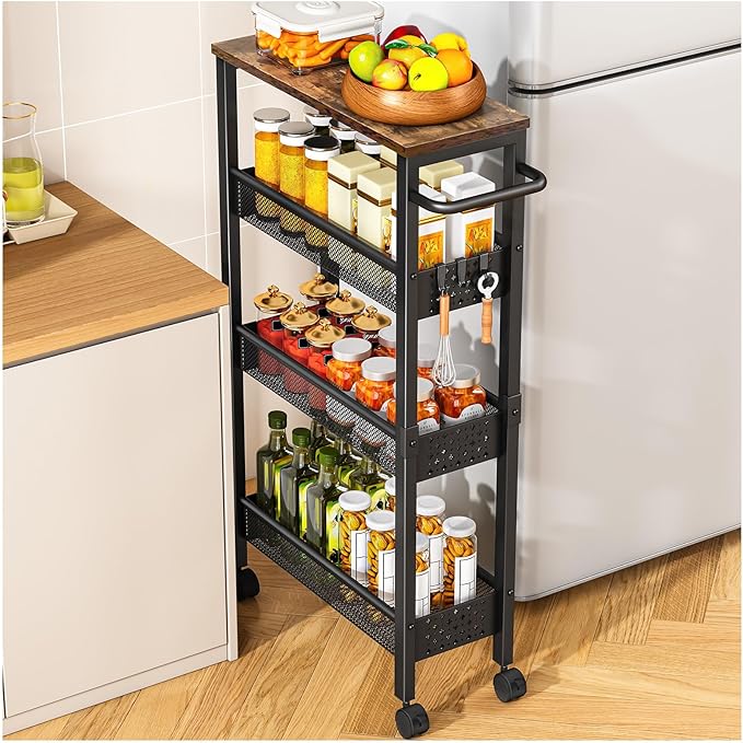 Vivihomety Utility Slim Storage Cart with Wheels, 4 Tier Small Rolling Cart with Wood Top, Metal Kitchen Bathroom Laundry Room Organization Trolley with Handle for Narrow Space – Black by EndlessStorage