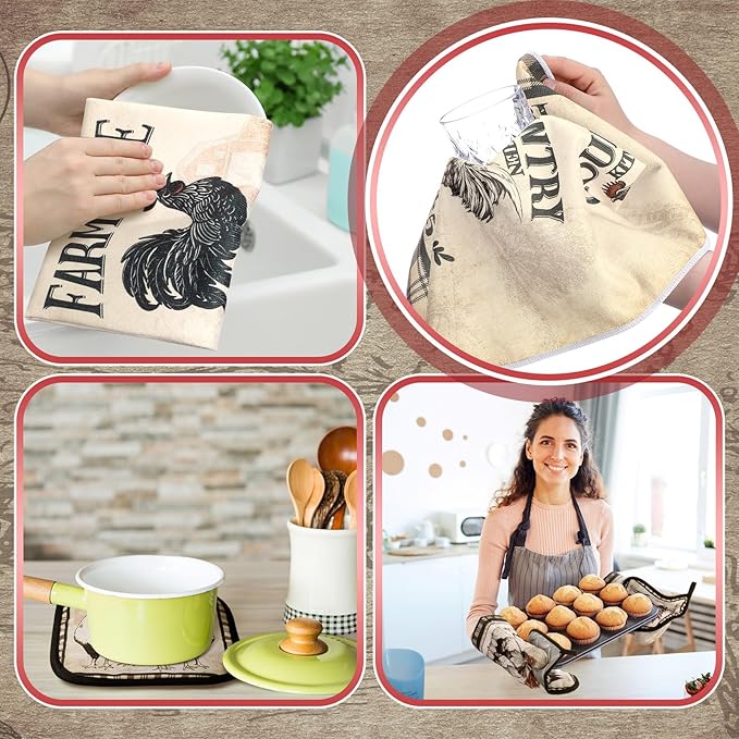 Fourluoo 10 Pcs Barn Chicken Kitchen Dish Towels Rugs Oven Mitts and Pot Holders Set Farmhouse Kitchen Decor Set for Women Mom Daughter Gift Cooking Baking Grilling (Retro Color)
