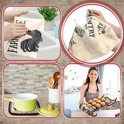 Fourluoo 10 Pcs Barn Chicken Kitchen Dish Towels Rugs Oven Mitts and Pot Holders Set Farmhouse Kitchen Decor Set for Women Mom Daughter Gift Cooking Baking Grilling (Retro Color)