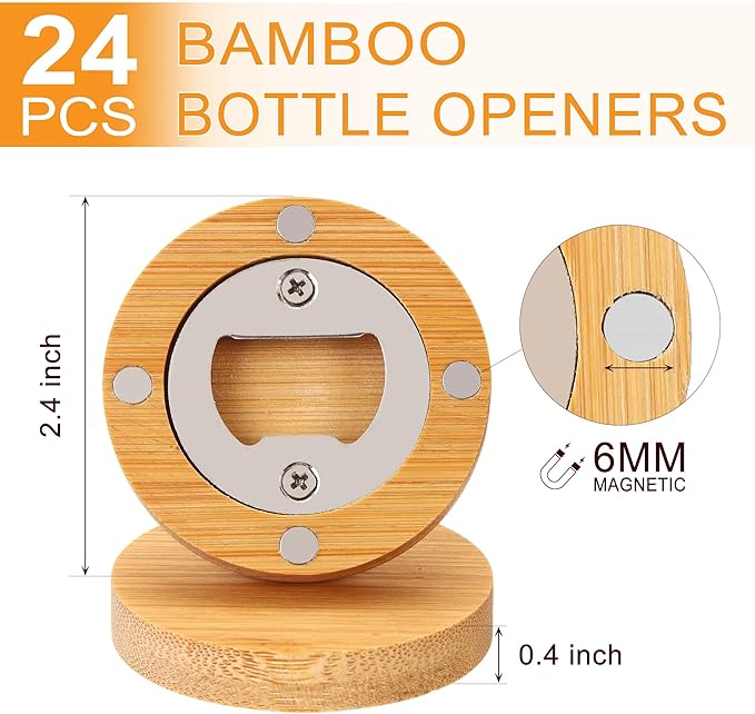 Yoption 24 Pcs Bamboo Magnetic Bottle Opener, Wooden Bulk Fridge Magnet Bottle Opener for DIY Beer Lover Wedding Groomsmen Gift Kitchens Bars Parties