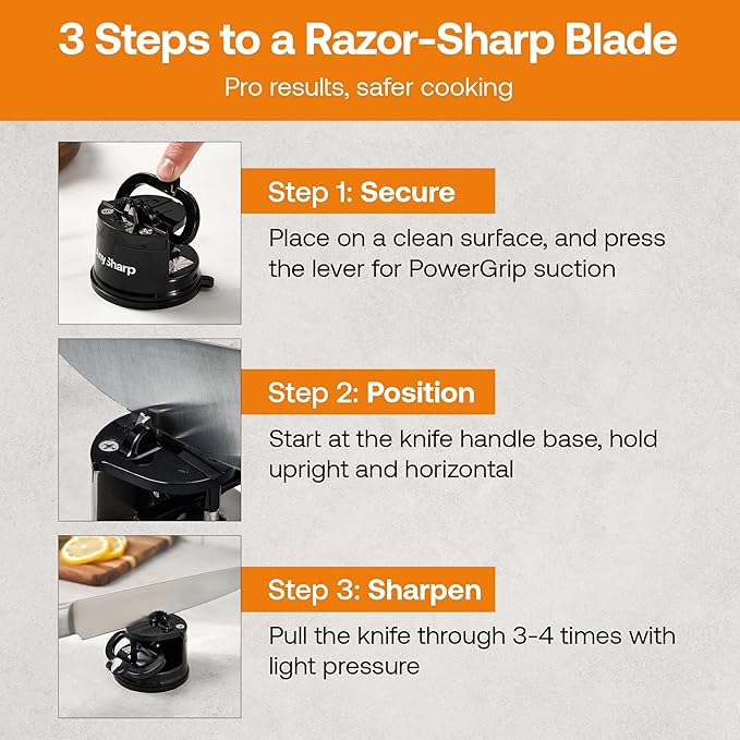 AnySharp – Global – Hands Free Knife Sharpener - Easy to Use Sharpening Tool with PowerGrip Suction Base and 20-Degree Pre-Set Angle - for All Knives: Chef's, Serrated, and Hardened Steel - Black - Image 9