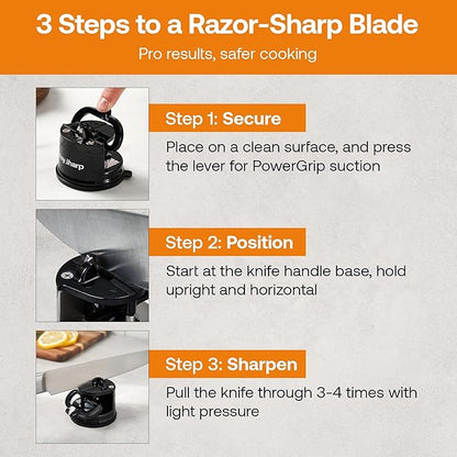 AnySharp – Global – Hands Free Knife Sharpener - Easy to Use Sharpening Tool with PowerGrip Suction Base and 20-Degree Pre-Set Angle - for All Knives: Chef's, Serrated, and Hardened Steel - Black - Image 9