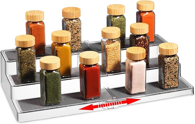 Oizeir Expandable Spice Organizer Rack - 3-Tier - Clear Adjustable Tiered Shelf Spices Organization for Kitchen Cabinet and Pantry Storage by Oizeir