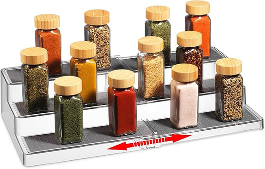 Oizeir Expandable Spice Organizer Rack - 3-Tier - Clear Adjustable Tiered Shelf Spices Organization for Kitchen Cabinet and Pantry Storage by Oizeir