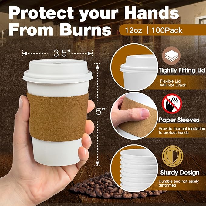 Ginkgo 100 Pack 12 oz Leak-Proof Coffee Cups with Lids and Sleeves Disposable To Go Hot Travel Paper Cups, Hot Chocolate, Cocoa, Tea, Coffee Bar Accessories - Image 3