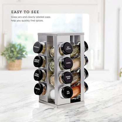 Kamenstein 16 Jar Heritage Revolving Countertop Spice Rack Organizer with Spices Included, FREE Spice Refills for 5 years, Brushed Stainless Steel with Black Caps | Revolving, Organizer, with Spices Included, with Black Caps - Image 4