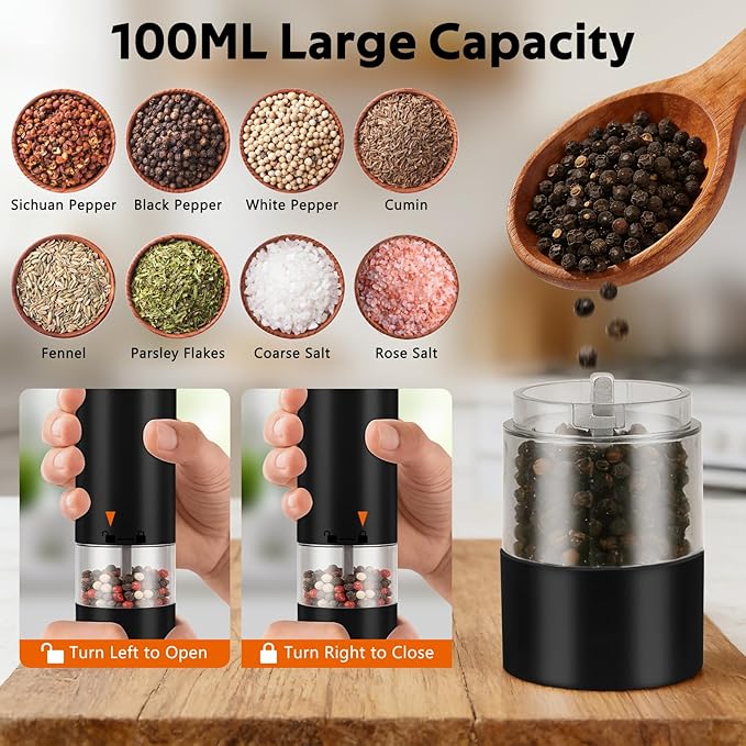 Rechargeable Electric Salt and Pepper Grinder Set, Automatic Pepper Mill with Adjustable Coarseness & One-Hand Operation, Large Capacity Battery-Powered Shakers for Cooking, Kitchen, Gifts (1, Black)