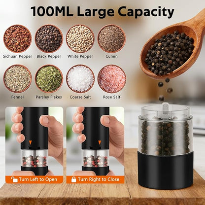 Rechargeable Electric Salt and Pepper Grinder Set, Automatic Pepper Mill with Adjustable Coarseness & One-Hand Operation, Large Capacity Battery-Powered Shakers for Cooking, Kitchen, Gifts (1, Black)