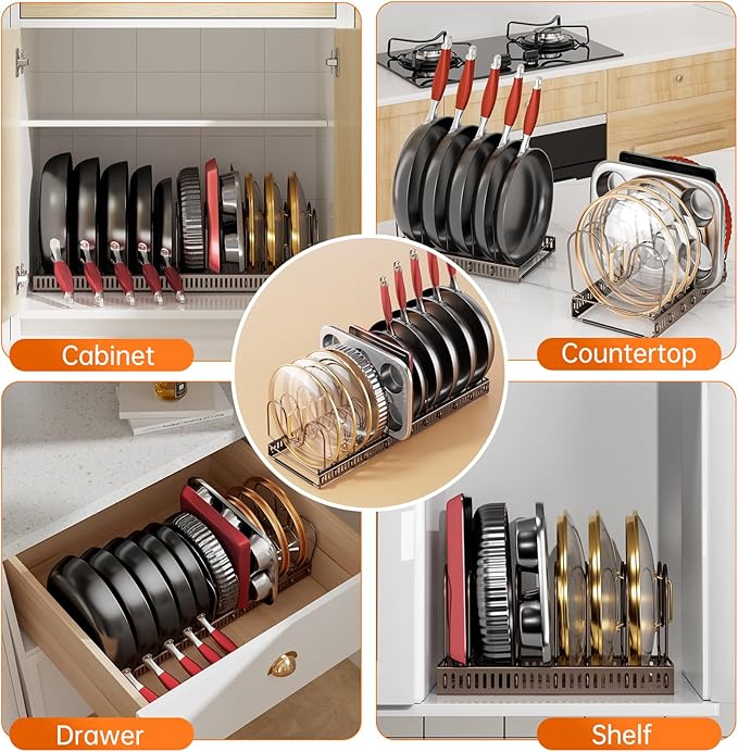 MUDEELA Pots and Pans Organizer under Cabinet, Expandable Pan Lids Organizers inside Cabinet with 12 Adjustable Dividers, Kitchen Storage Organization Pot Holder Cookie Sheet, Cutting Board Organizer - Image 5