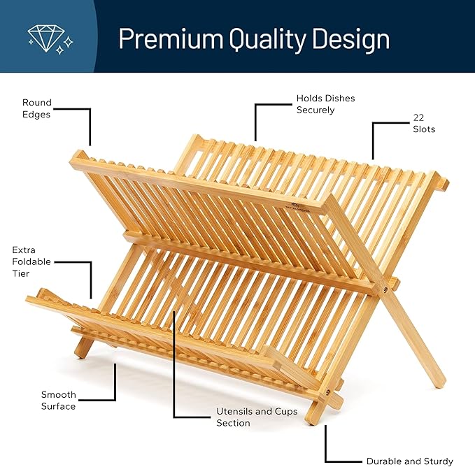 RoyalHouse Premium Natural Bamboo Dish Rack, Collapsible Dish Drainer, Foldable and Compact Dish Drying Rack for Kitchen Counter - Image 5