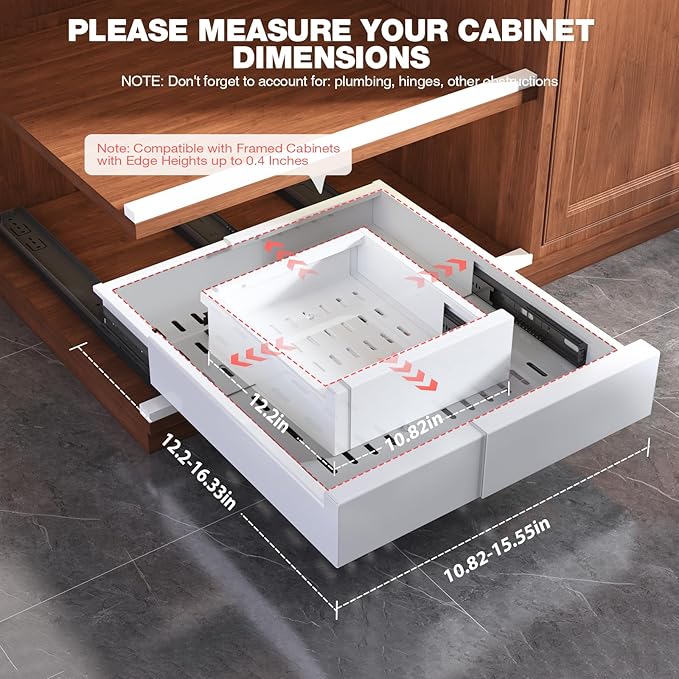 Seinloes 2 Pack Pull Out Cabinet Organizer Expandable Width(11"-16") and Depth(13"-17"),Slide Out Drawers With Raising Pad for Framed Cabinets,No Drill Roll Out Shelves for kitchen,Bathroom,White - Image 6
