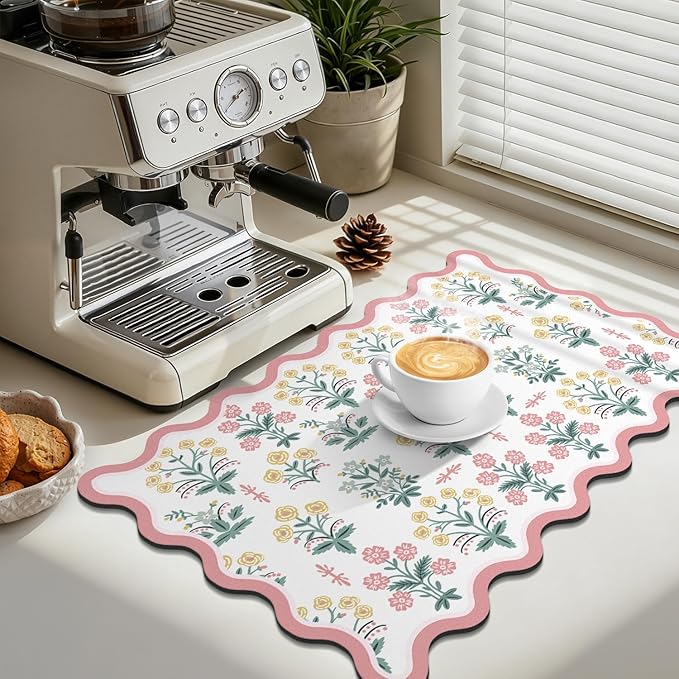 LOKHOM Scalloped Floral Dish Drying Mat, 12"x20" Super Absorbent Coffee Mat with Unique Pink Pastoral Floral, Cuttable Hide Stain Non-slip Drying Mat for Kitchen Counter Coffee Maker Espresso Machine - Image 4