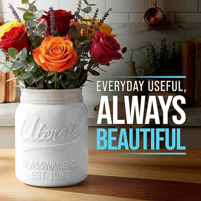 Comfify Wide Mouth Mason Jar Utensil Holder Decorative Kitchenware Organizer Crock - Perfect Cookware Gift - White, Large Size 5.4x6.75 - Image 6