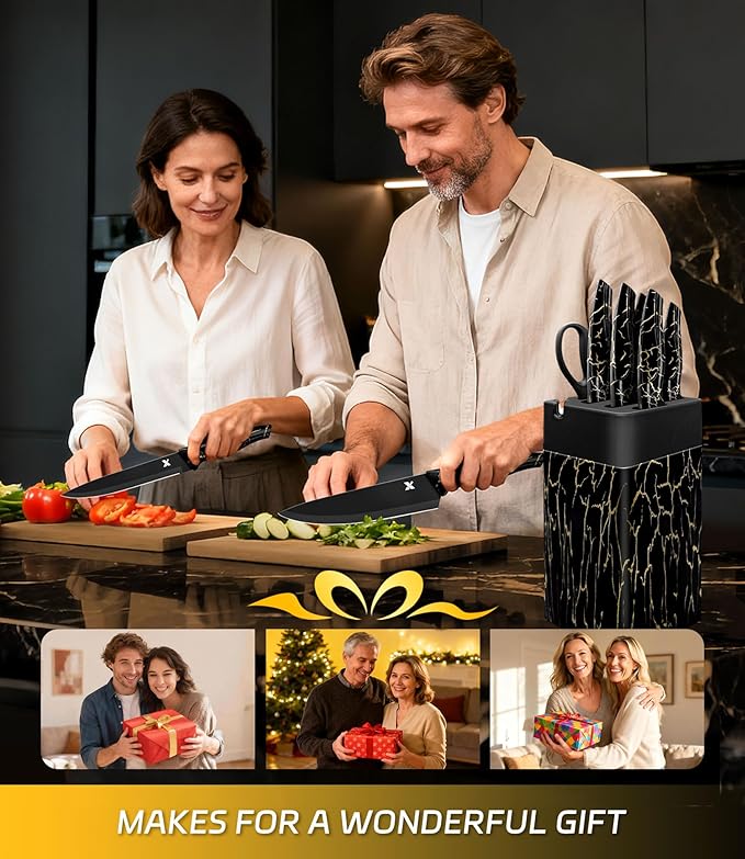Knife Set, 8 Pieces Kitchen Knife Block Sets, High Carbon German Stainless Steel, Dishwasher Safe Cutlery with Sharpener, Black - Image 6
