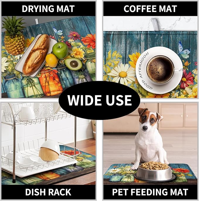 Daisy Dish Drying Mat for Kitchen Counter 18x24 Inch Rustic Vintage Flower Vases Drying Mats Microfiber Absorbent Dishes Drainer Mats Farmhouse Floral Wooden Board Dish Rack Pad - Image 7