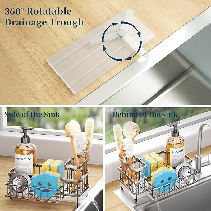 Consumest Sponge Holder for Kitchen Sink - Auto Draining Sink Caddy Organizer with Detachable Rack, High Brush Holder, Kitchen Countertop Storage Accessories, Silver - Image 2