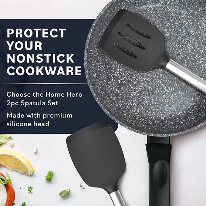 Home Hero Silicone Spatula Set - Heat Resistant Spatulas for Cooking - Ergonomic Stainless Steel Cooking Utensils - Solid & Slotted Silicone Turners - Pack of 2, Black - Image 2