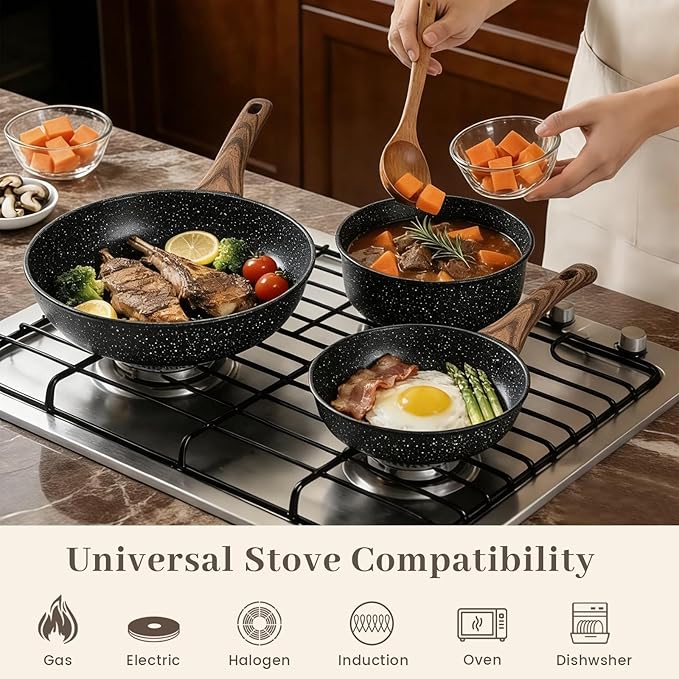 Frying Pans Skillet - 9 Pieces Nonstick Frying Pan Set Includes 3 Sizes (8"/ 10"/ 12"), PFOA Free, Induction & Oven Safe, Easy to Clean for Home Daily Cooking - Image 4