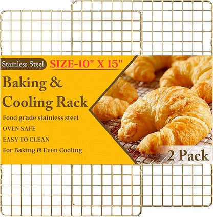 2-Pack Cooling Racks for Cooking and Baking - 10" x 15"Heavy Duty Stainless Steel Wire Rack for Baking, Grilling, Roasting - Oven & Dishwasher Safe - Fits Jelly Roll Sheet Pan（Gold） by QukakaHomeCare