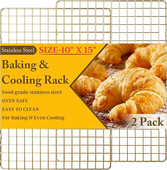 2-Pack Cooling Racks for Cooking and Baking - 10" x 15"Heavy Duty Stainless Steel Wire Rack for Baking, Grilling, Roasting - Oven & Dishwasher Safe - Fits Jelly Roll Sheet Pan（Gold） by QukakaHomeCare