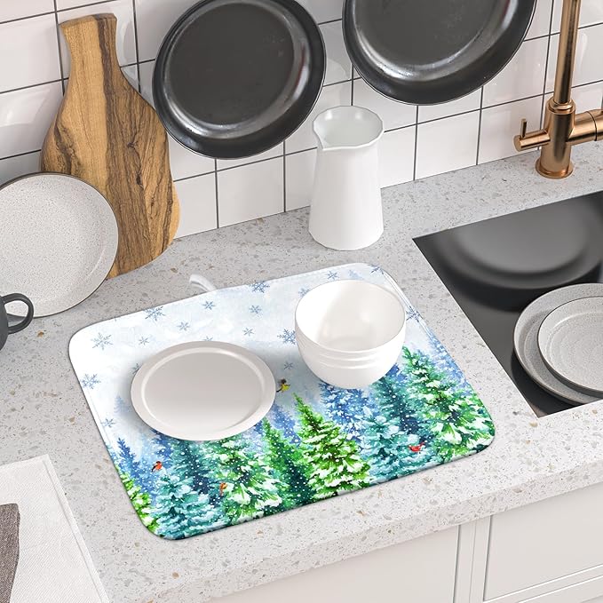Winter Dish Drying Mat Forest Kitchen Mat for Counter for Home Season Decor 18 X 16 In - Image 6