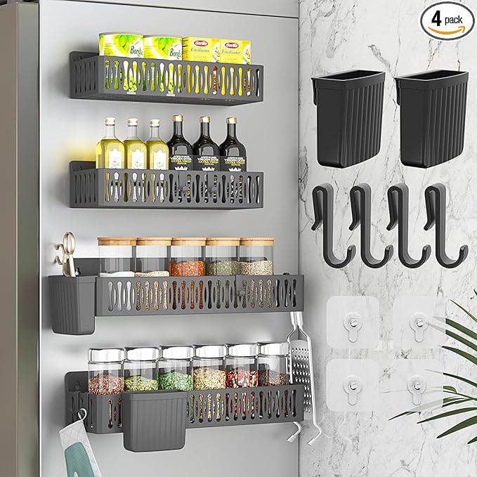 Sevenblue 4 Pack Large Magnetic Spice Rack for Refrigerator, Spice Rack Organizer, Moveable Magnetic Shelf Fridge Organizer with 4 Hooks for Kitchen and Oven Organization, Black by Sevenblue