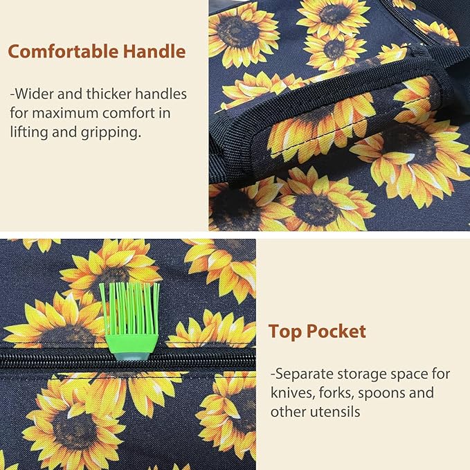 Double Casserole Carrier Bag，Expandable Thermal Food Carrier Insulated Travel Carry Bag for Hot or Cold Food for Picnic Cookouts Potluck Parties Fits 9" x 13" Baking Dish (Sunflower)
