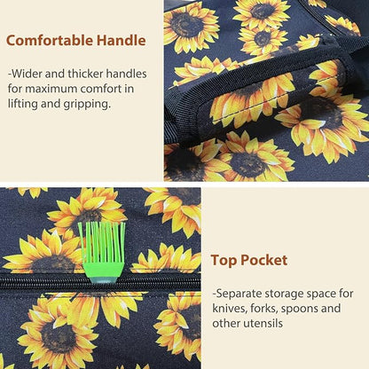 Double Casserole Carrier Bag，Expandable Thermal Food Carrier Insulated Travel Carry Bag for Hot or Cold Food for Picnic Cookouts Potluck Parties Fits 9" x 13" Baking Dish (Sunflower)