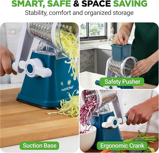 NutriChef 3 in 1 Cheese Grater & Shredder | Strong Suction Base, Rotary Handle with Safety Lock | Includes Hand Crank & 3 Drum Blades for 3 Textures, Fine, Medium & Strips | Blue - Image 7