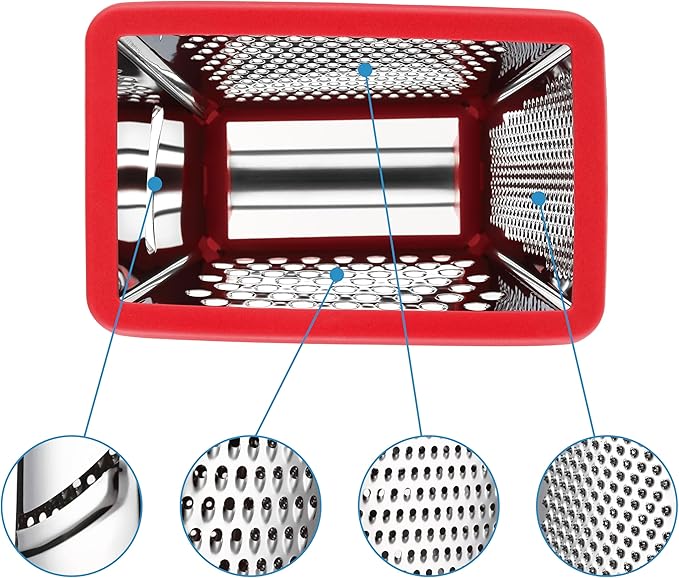 Spring Chef Professional Cheese Grater - Stainless Steel 4 Sided Box Grater for Kitchen, XL Size - Perfect Shredder for Parmesan Cheese, Carrot, Potato, Ginger - Dishwasher Safe - Red - Image 9