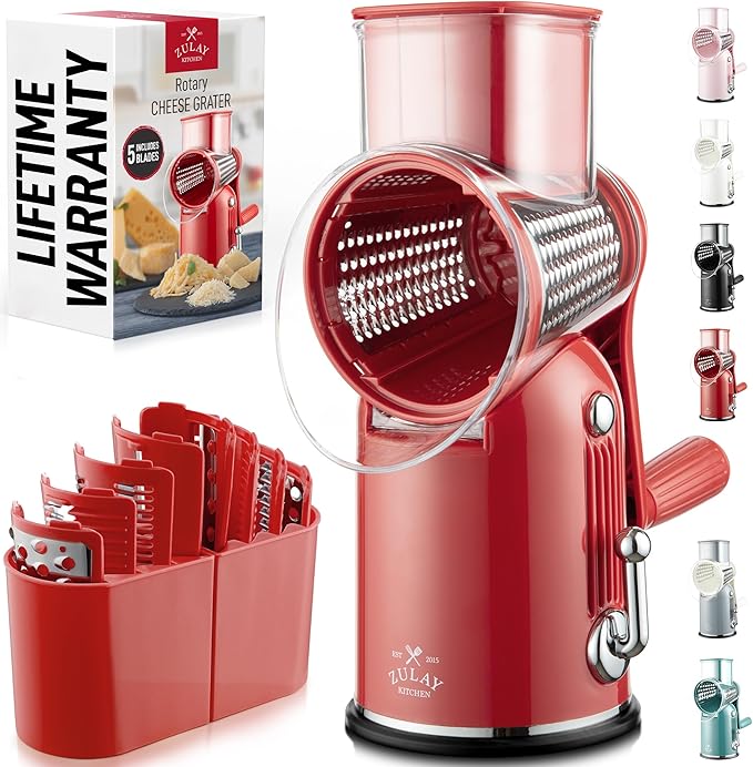 Zulay Kitchen Rotary Cheese Grater 5 Blade Cheese Shredder - Manual Hand Crank Cheese Grater With Reinforced Suction & 5 Interchangeable Drums - Easy to Use, Vegetable Chopper Round Mandoline Slicer by ZulayKitchen