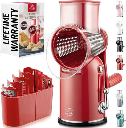 Zulay Kitchen Rotary Cheese Grater 5 Blade Cheese Shredder - Manual Hand Crank Cheese Grater With Reinforced Suction & 5 Interchangeable Drums - Easy to Use, Vegetable Chopper Round Mandoline Slicer by ZulayKitchen