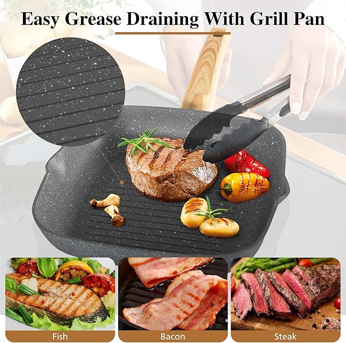 DishDelight 17 Piece Pots and Pans Set Non Stick, Granite Nonstick Cookware Set, Induction Cookware and Bakeware Set, Nonstick Kitchen Cookware Set, Gray - Image 9