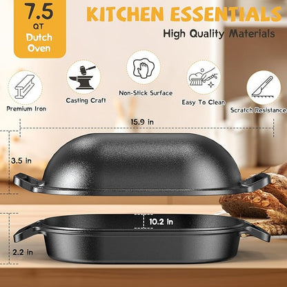 Cast Iron Dutch Oven for Bread Baking, With Banneton Bread Proofing Basket & Baking Supplies, 7.5QT Multi-Functional Dutch Oven Pot with Lid, Cast Iron Bread Pan, Black - Image 3