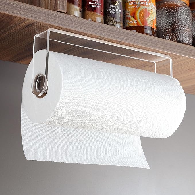 ZUNTO Acrylic Paper Towel Holder - Adhesive Paper Towel Roll Holder Under Cabinet, Clear Plastic Wall Mounted Paper Towel Rack for Kitchen, Frees up Counter Space - Image 3