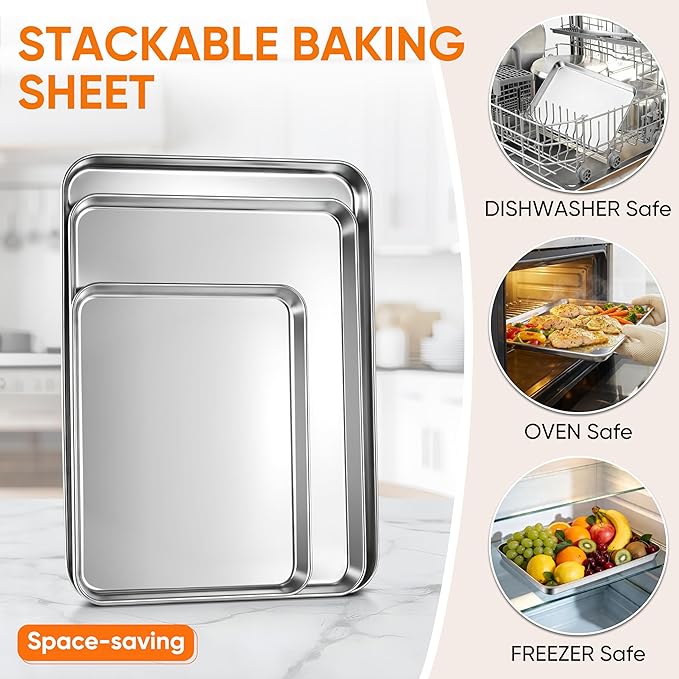 LIANYU Baking Sheet Pans Set of 3, Stainless Steel Cookie Sheets for Baking, 17.5/16/12.4 Inch, Half/Quarter/Jelly Roll Pans for Oven, Mirror Finish Metal Tray, Heavy Duty & Rust Resistant - Image 5