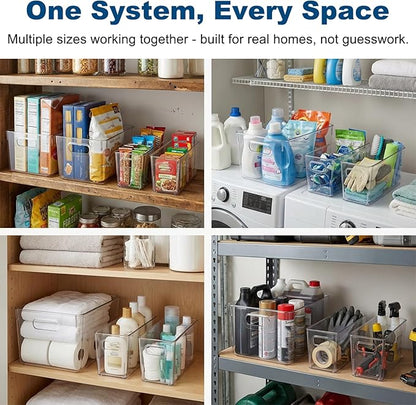 MOONEDGE 8 Pack Modular Clear Plastic Storage Organizer Bins – 4 Large & 4 Narrow, Nestable Space-Saving System for Pantry, Kitchen, Fridge, Bathroom & Cabinet Organization - Versatile & Easy to Use