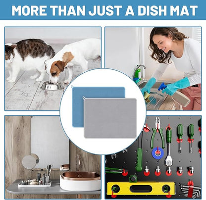 Hushee 2 Pack Extra Large Dish Drying Mat Microfiber Absorbent Dish Drying Pad Large Size Dishes Drainer Mats for Countertop, Sink, Refrigerator or Dryer (30 x 24 Inch,Blue, Gray) - Image 6