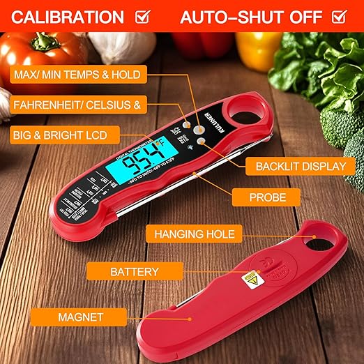 KULUNER TP-01 Waterproof Digital Instant Read Meat Thermometer with 4.6 Folding Probe Backlight Calibration Function for Cooking Food Candy, BBQ Grill, Liquids,Beef（Red） - Image 4