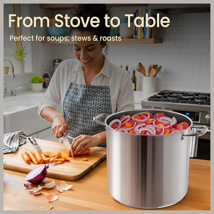 Stainless Steel Stockpot with Tempered Glass Lid 16 Quart, Durable 18/0 Stainless Steel, Impact-Bonded Base for Even Heating, Riveted Handles, Oven & All Stove Compatible, Safe Up To 500°F (260°C)