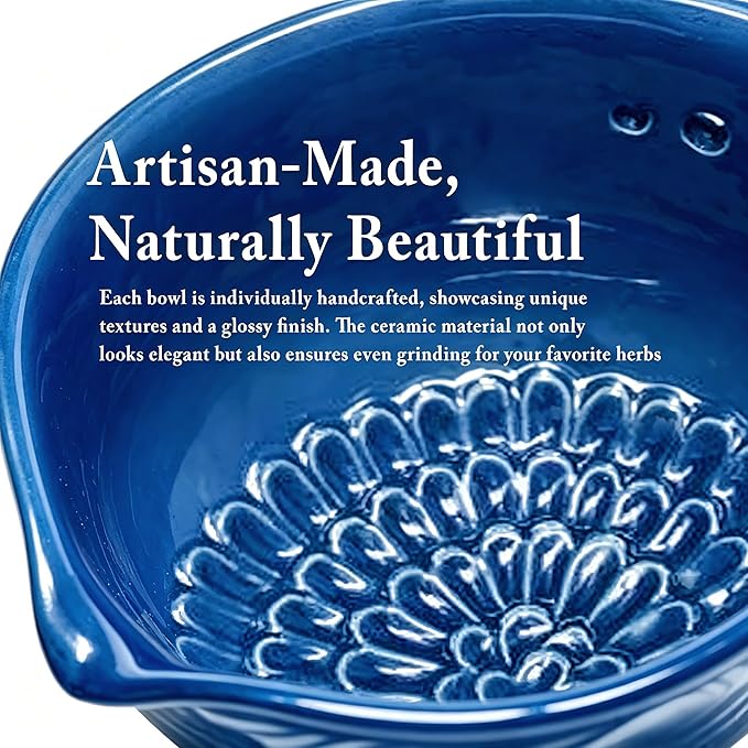 3-in-1 Ceramic Grater Bowl with Herb Stripper, Kitchen Tool for Garlic, Ginger & Vegetables, Easy to Clean Stripping Bowl for Kale, Rosemary, Thyme, and Basil, Dishwasher Safe (Blue)