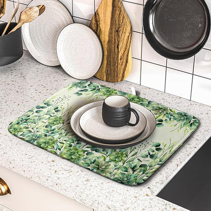 Giwawa Spring Summer Leaf Dish Drying Mat for Countertop, 16"x18" Eucalyptus Leaves Butterfly Dish Drainer Mats, Sage Green Fast Dry Microfiber Large Dish Drying Pad Decoration