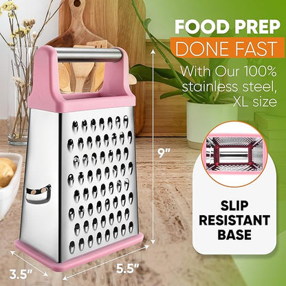 Spring Chef Professional Stainless Steel XL Parmesan Cheese Grater with Handle - 4 Sided Box Grater for Kitchen - Dishwasher Safe Carrot Shredder for Potato, Vegetables, Ginger - Pink Lemonade - Image 4