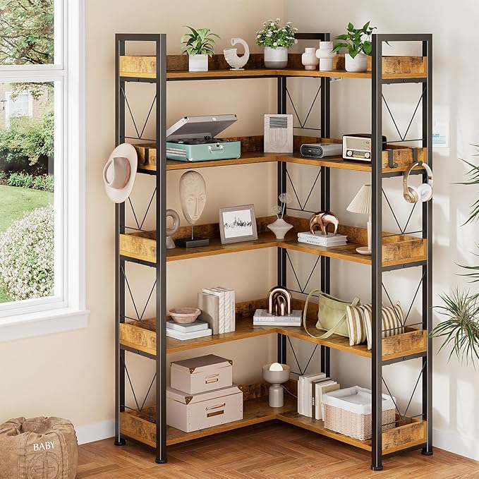 DUMOS 65 inch L Shaped Bookshelf, 5 Tier Corner Bookcase with Hooks and Edge, Industrial Pantry Shelves with Metal Frame, Wooden Open Storage for Living Room, Home Office, Bedroom, Rustic Brown - Image 2