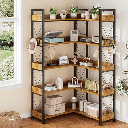 DUMOS 65 inch L Shaped Bookshelf, 5 Tier Corner Bookcase with Hooks and Edge, Industrial Pantry Shelves with Metal Frame, Wooden Open Storage for Living Room, Home Office, Bedroom, Rustic Brown - Image 2