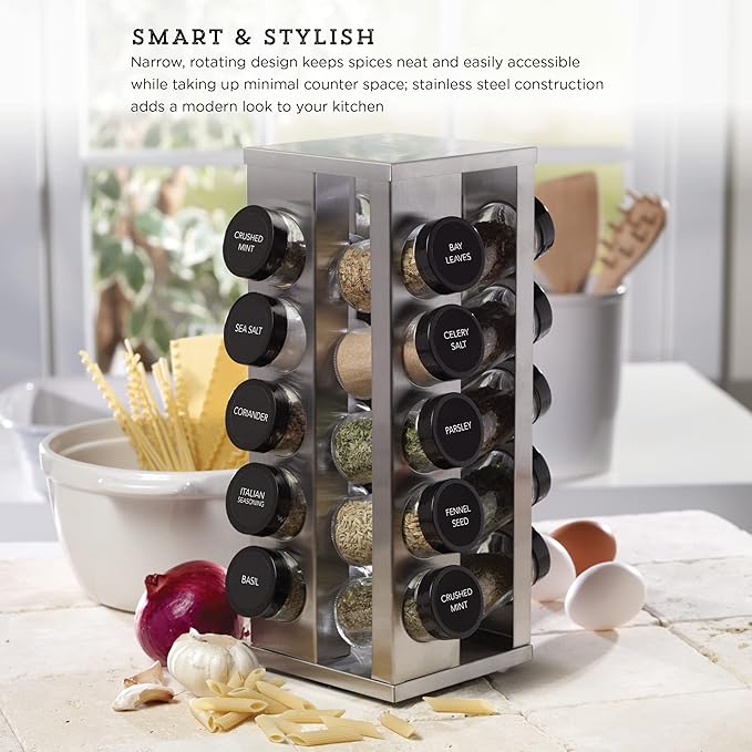 Kamenstein 20 Jar Heritage Revolving Spice Rack with Spices Included, Brushed Stainless Steel Rotating Countertop Organizer with Free Refills for 5 Years - Image 4