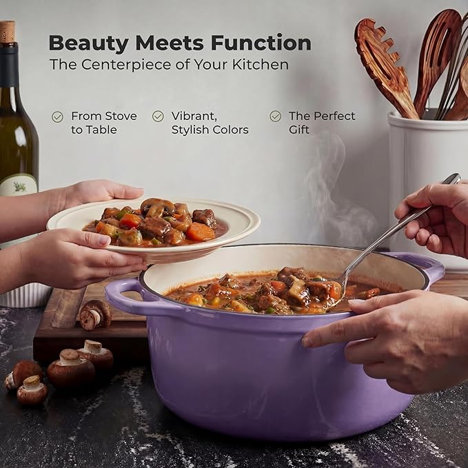 Zulay Kitchen 6 Quart Enameled Cast Iron Dutch Oven Pot with Lid – Premium Durability & Oven Safe up to 500°F – Heavy Duty Cookware Perfect for Bread Baking, Stews, Braising & Roasting - Lavender Jade - Image 7