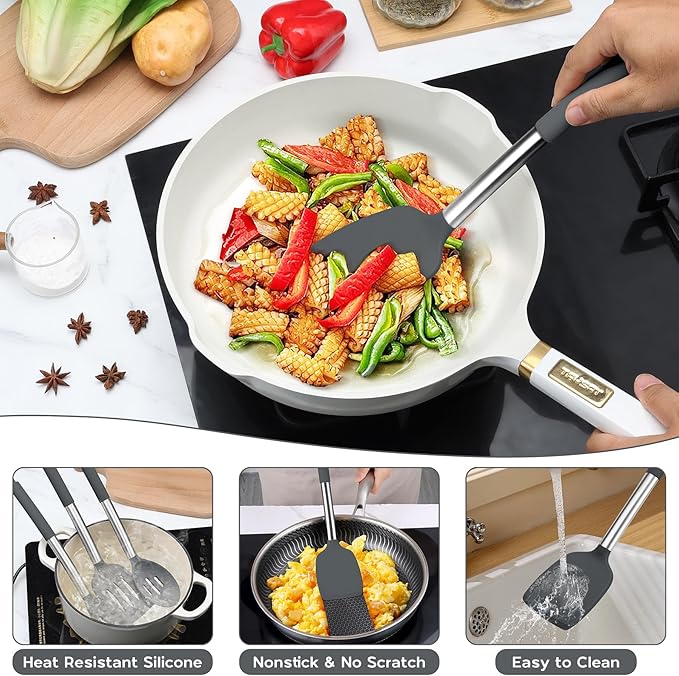 Onader Kitchen Cooking Utensils Set of 15, Silicone and Stainless Steel Utensils Spatula Set with Holder, Heat Resistant & Dishwasher Safe - Grey - Image 5
