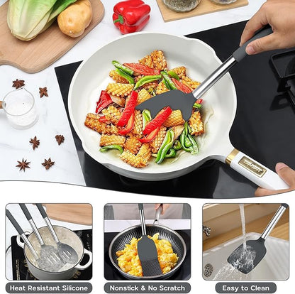 Onader Kitchen Cooking Utensils Set of 15, Silicone and Stainless Steel Utensils Spatula Set with Holder, Heat Resistant & Dishwasher Safe - Grey - Image 5