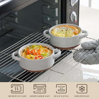MALACASA Mini Cocotte Set - 12 OZ Ramekins with Lids and Handles, Small Casserole Dishes for Oven, Ceramic Small Baking Dish Set of 4, Microwave & Dishwasher Safe, Khaki Grey, Series TARA - Image 4